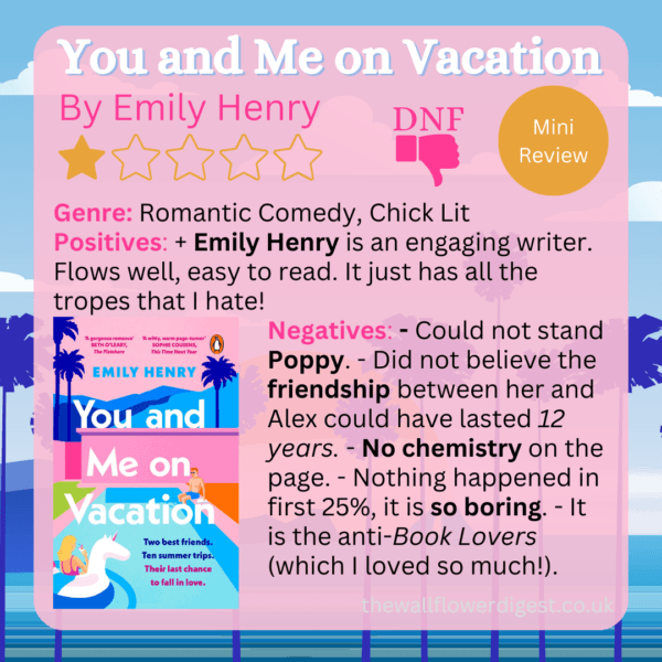 You and Me on Vacation by Emily Henry. Did Not Finish (DNF) Mini Review. Genre: Romantic Comedy, Chick Lit Positives: + Emily Henry is an engaging writer. Flows well, easy to read. It just has all the tropes that I hate! Negatives: - Could not stand Poppy. - Did not believe the friendship between her and Alex could have lasted 12 years. - No chemistry on the page. - Nothing happened in first 25%, it is so boring. - It is the anti-Book Lovers (which I loved so much!).