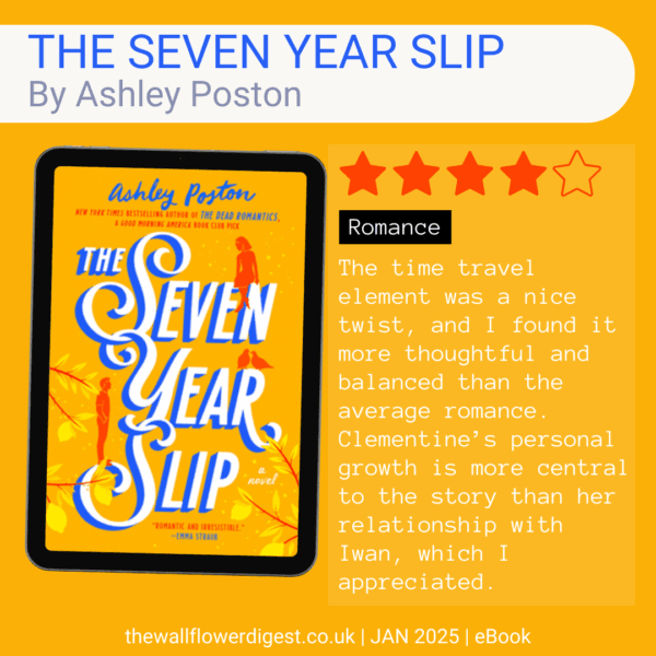 the seven year slip by ashley poston The time travel element was a nice twist, and I found it more thoughtful and balanced than the average romance. Clementine’s personal growth is more central to the story than her relationship with Iwan, which I appreciated.