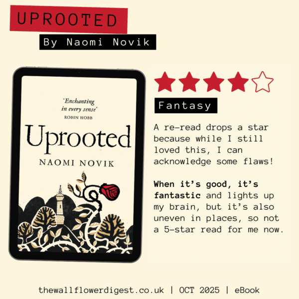 Uprooted by Naomi Novik 4/5 stars A re-read drops a star because while I still loved this, I can acknowledge some flaws! When it’s good, it’s fantastic and lights up my brain, but it’s also uneven in places, so not a 5-star read for me now.