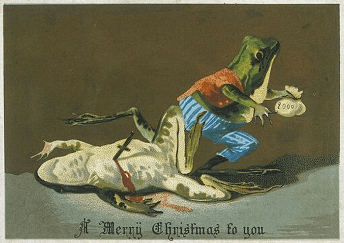one frog lays on it's back on the ground with a dagger in it's chest and blood spilling out. A second frog runs away from the scene holding a bag with 2,000 on it. This drog is also wearing blue striped trousers and a red waist coat. The dead frog is naked. The card wishes "a merry christmas to you"
