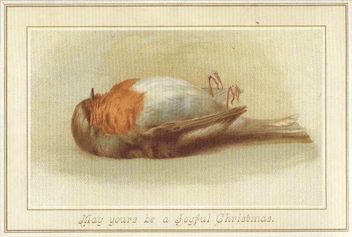 A dead robin laying on it's back, underneath the card wishes "May yours be a joyful Christmas"