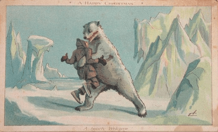 A polar bear with a bloddy red mouth has grabbed and bodily lefted a man in a parka. The card reads "a happy Christmas. A bearly Welcome"