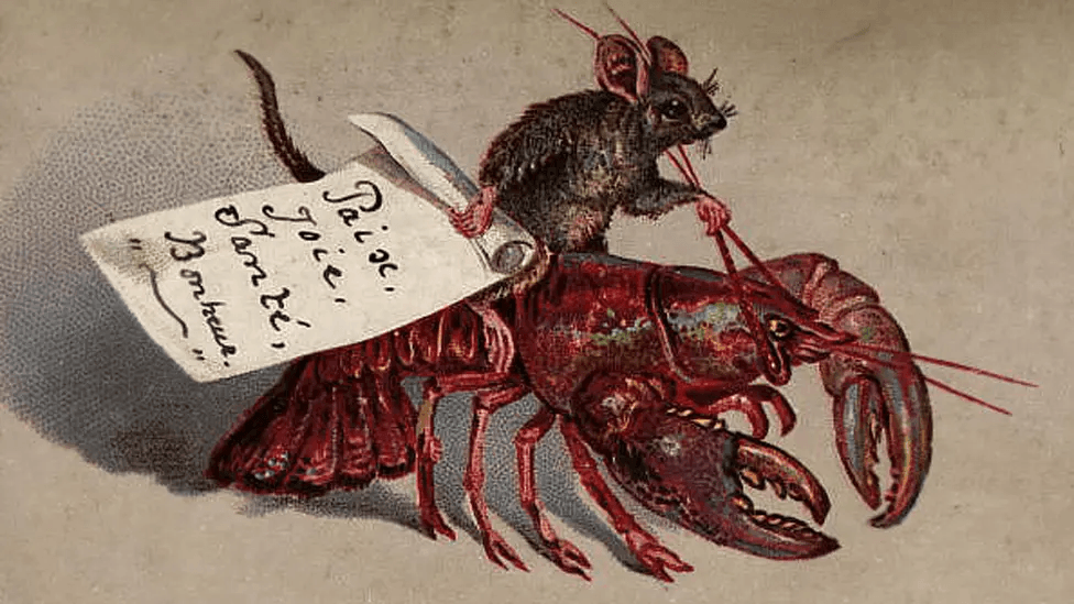 A mouise is riding on the back of a lobster, he golds a peice of paper which reads The card wishes the recipient 'Paix, Joie, Sante, Bonheur' or 'Peace, Joy, Health and Happiness'