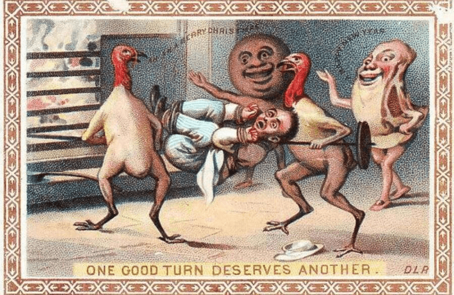 Man trussed up in front of a fire by a joint of meat, two turkeys and a pudding on a Christmas and New Year card -- One Good Turn Deserves Another